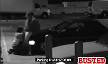 Brave little hoe performs deep throat on the public parking