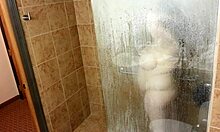 Fat wife with big boobs gets her pussy licked in the shower